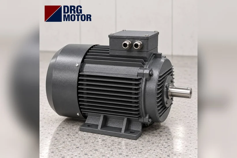 Moteur électrique triphasé gris avec logo DRG MOTOR – choix de la tension de plaque 230/400 V ou 400/690 V