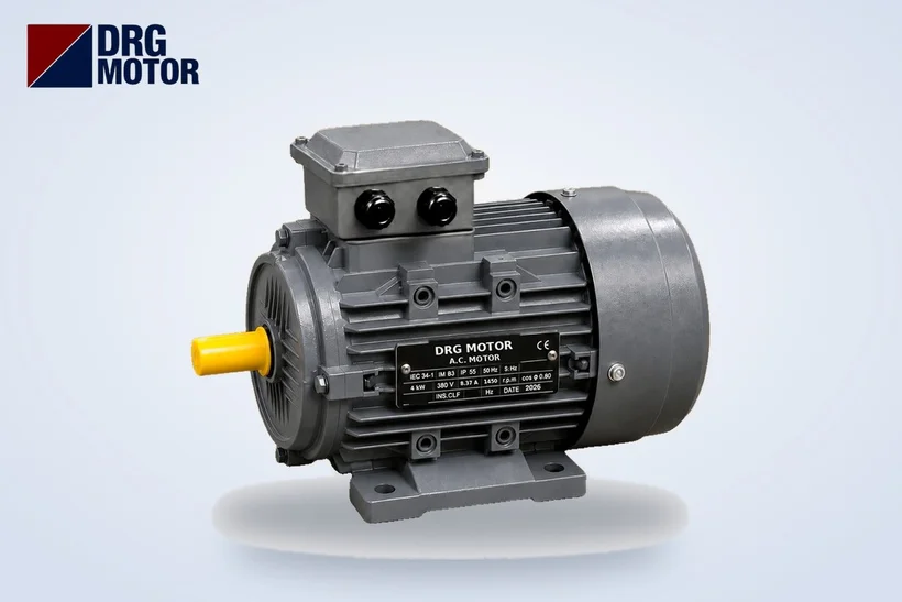 Moteur électrique triphasé gris avec logo DRG MOTOR – couplage étoile et triangle, tension plaque 230/400 V et 400/690 V