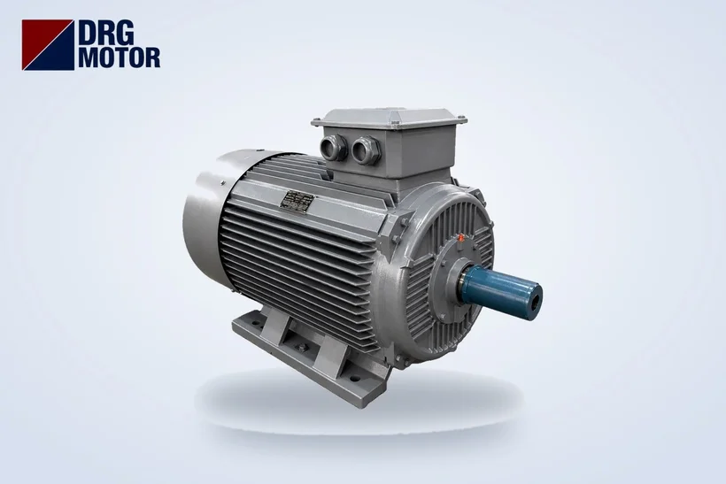DRG MOTOR logolu gri trifaze elektrik motoru – 22 kW yıldız-üçgen yol verme, kontaktör ve termik seçimi