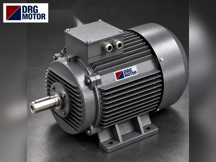 Cam kırma makinesi ve rotorunu kayışla çeviren DRG MOTOR logolu trifaze elektrik motoru