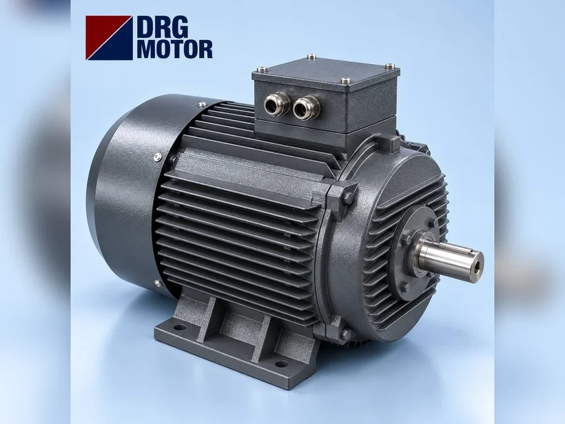 Inline pump and electric motor – DRG MOTOR logo motor mounted vertically (V1 flange) on top of an inline pump