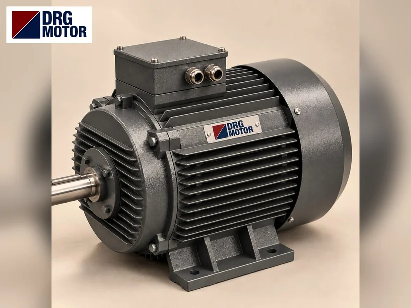 Atık kâğıt pulperi ve rotorunu kayışla çeviren DRG MOTOR logolu trifaze elektrik motoru