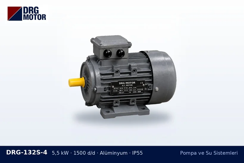 DRG-132S-4 – Pompa ve Su Sistemleri DRG-132S-4 5,5 kW 1500 d/d alüminyum gövdeli DRG trifaze motor – 2900 devirli pompa 1450 devir motor