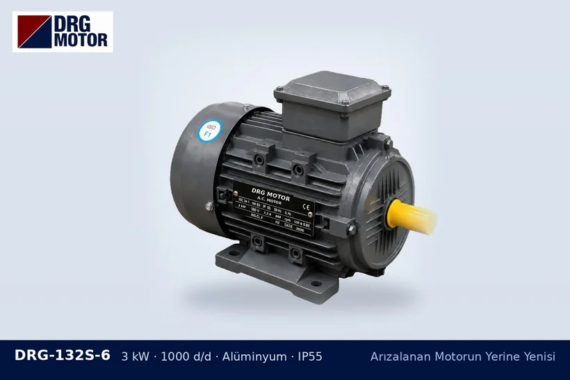 DRG-132S-6 – Arızalanan Motorun Yerine Yenisi DRG-132S-6 3 kW 1000 d/d alüminyum gövdeli DRG trifaze motor – geçici olarak büyük motor takmak