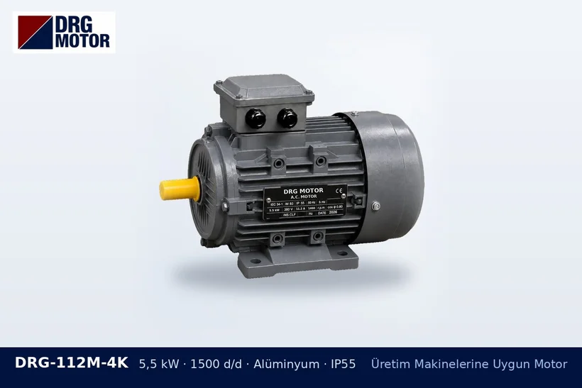 DRG-112M-4K – Üretim Makinelerine Uygun Motor DRG-112M-4K 5,5 kW 1500 d/d alüminyum gövdeli DRG trifaze motor – testere motoru kesme yükü