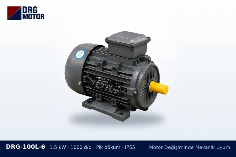 DRG-100L-6 1,5 kW 1000 d/d pik döküm gövdeli DRG trifaze motor – alüminyum yerine pik döküm motor