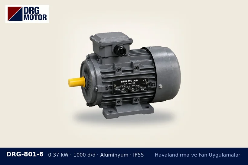 DRG-801-6 – Havalandırma ve Fan Uygulamaları DRG-801-6 0,37 kW 1000 d/d alüminyum gövdeli DRG trifaze motor – aspiratör motoru devir artırma