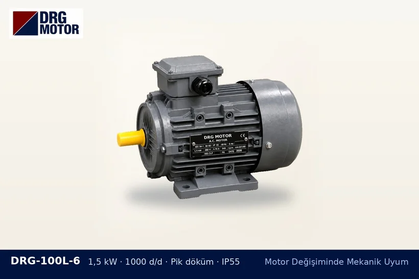 DRG-100L-6 1,5 kW 1000 d/d pik döküm gövdeli DRG trifaze motor – motor ayak delikleri kaideye uymuyor