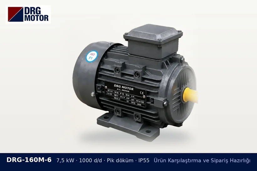 DRG-160M-6 7,5 kW 1000 d/d pik döküm gövdeli DRG trifaze motor – aynı motoru tekrar sipariş etmek