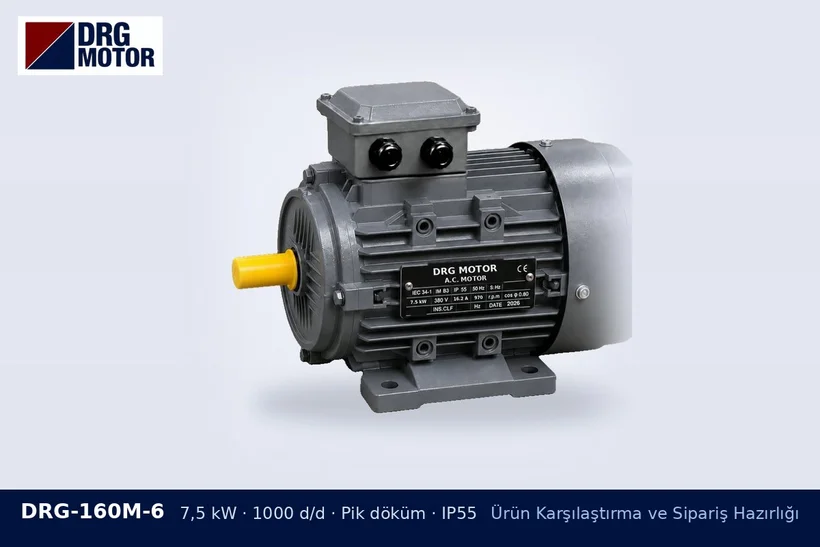 DRG-160M-6 – Ürün Karşılaştırma ve Sipariş Hazırlığı DRG-160M-6 7,5 kW 1000 d/d pik döküm gövdeli DRG trifaze motor – bakım ve satın alma motor karşılaştırması