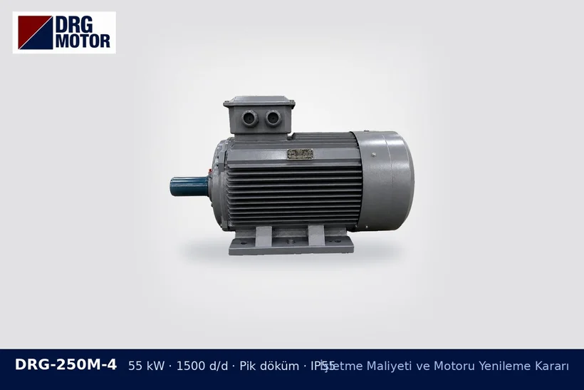 DRG-250M-4 – İşletme Maliyeti ve Motoru Yenileme Kararı DRG-250M-4 55 kW 1500 d/d pik döküm gövdeli DRG trifaze motor – plansız arıza ve planlı motor değişimi