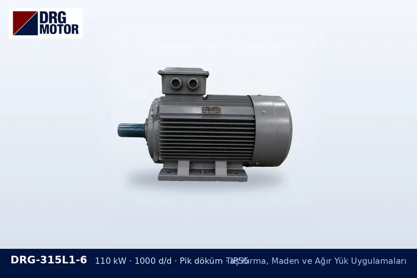 DRG-315L1-6 – Taş Kırma, Maden ve Ağır Yük Uygulamaları DRG-315L1-6 110 kW 1000 d/d pik döküm gövdeli DRG trifaze motor – darbeli kırıcı rotor hızı