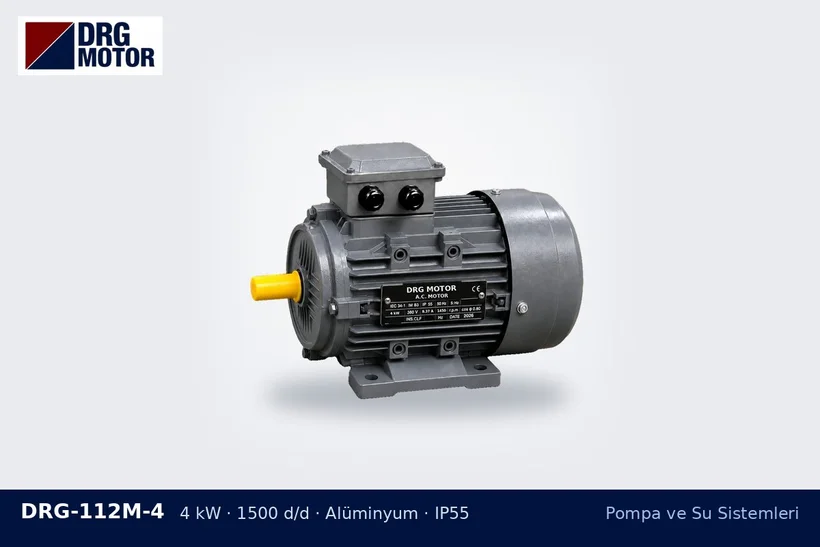DRG-112M-4 4 kW 1500 d/d alüminyum gövdeli DRG trifaze motor – pompa emiş hattı kontrolü