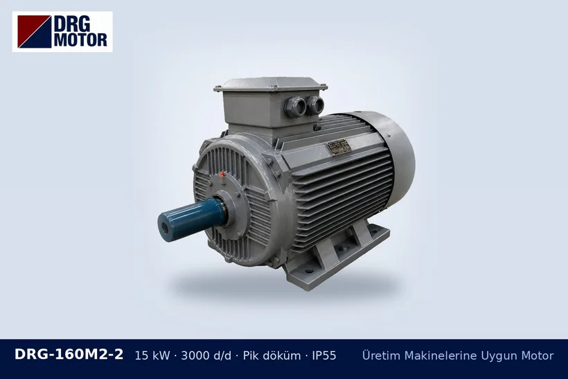 DRG-160M2-2 – Üretim Makinelerine Uygun Motor DRG-160M2-2 15 kW 3000 d/d pik döküm gövdeli DRG trifaze motor – eksantrik milli elek motoru