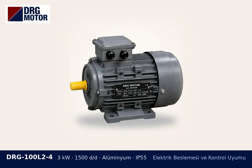 DRG-100L2-4 3 kW 1500 d/d alüminyum gövdeli DRG trifaze motor – elektrik gelince makine kendiliğinden çalışmasın