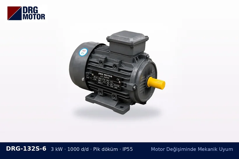 DRG-132S-6 – Motor Değişiminde Mekanik Uyum DRG-132S-6 3 kW 1000 d/d pik döküm gövdeli DRG trifaze motor – eski kasnak yeni motorda