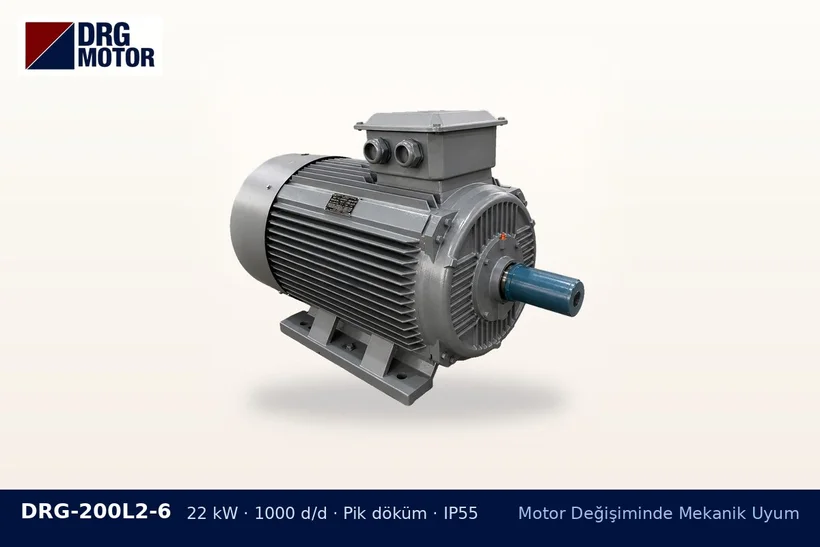DRG-200L2-6 – Motor Değişiminde Mekanik Uyum DRG-200L2-6 22 kW 1000 d/d pik döküm gövdeli DRG trifaze motor – esnek kaplin hizasızlık toleransı