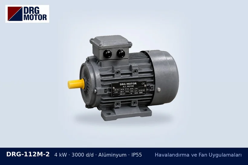 DRG-112M-2 – Havalandırma ve Fan Uygulamaları DRG-112M-2 4 kW 3000 d/d alüminyum gövdeli DRG trifaze motor – fan debisini azaltmak