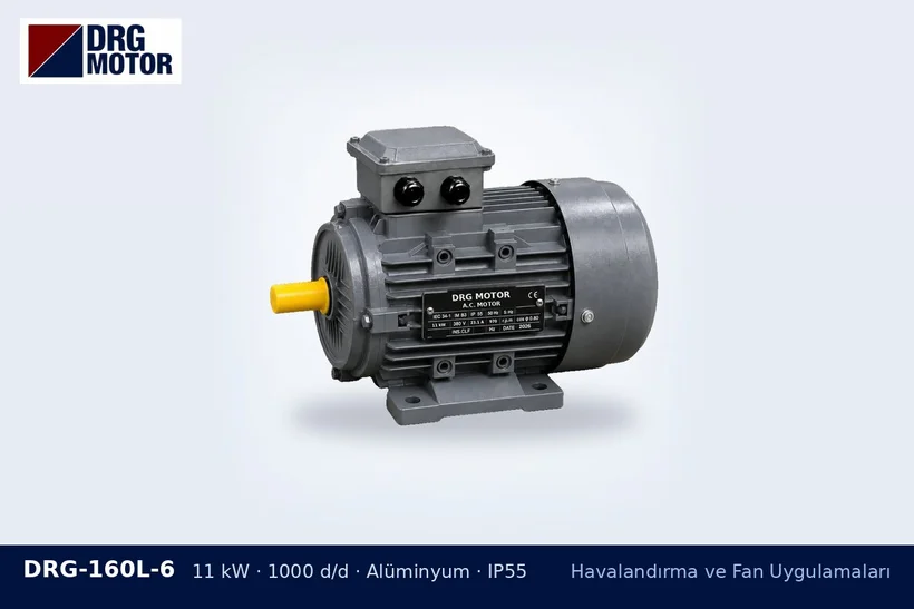 DRG-160L-6 11 kW 1000 d/d alüminyum gövdeli DRG trifaze motor – fan gürültüsü azaltma