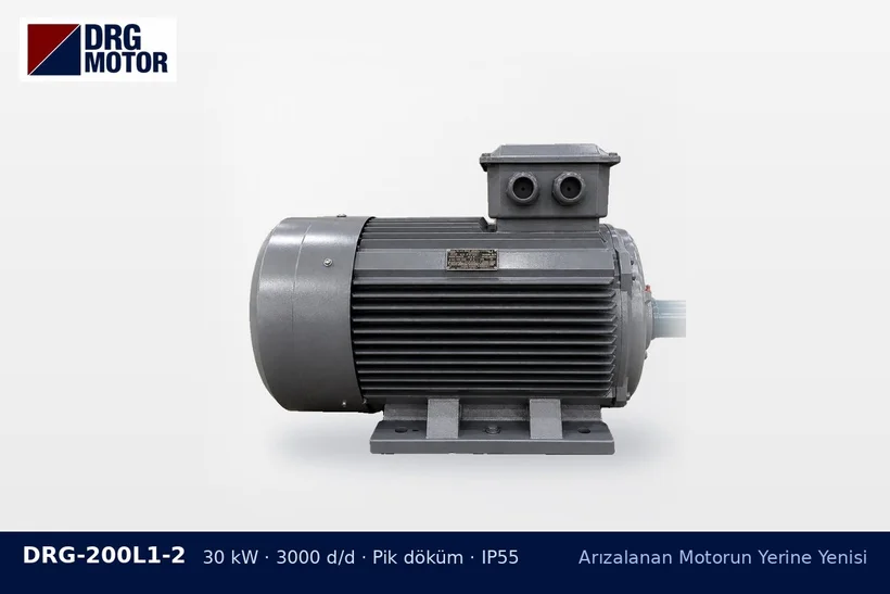 DRG-200L1-2 30 kW 3000 d/d pik döküm gövdeli DRG trifaze motor – faz kaybı motor yanması