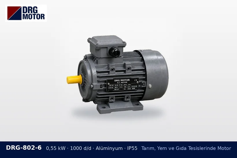 DRG-802-6 – Tarım, Yem ve Gıda Tesislerinde Motor DRG-802-6 0,55 kW 1000 d/d alüminyum gövdeli DRG trifaze motor – fındık kırma makinesi motoru
