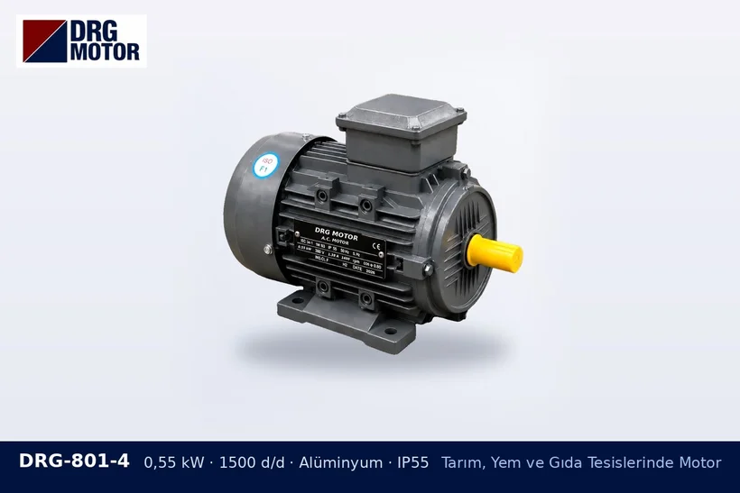 DRG-801-4 – Tarım, Yem ve Gıda Tesislerinde Motor DRG-801-4 0,55 kW 1500 d/d alüminyum gövdeli DRG trifaze motor – gıda tesisi yıkama suyu motor