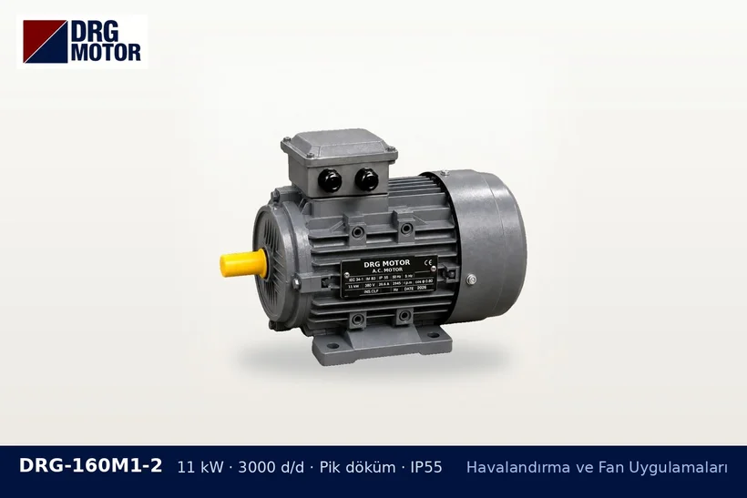 DRG-160M1-2 11 kW 3000 d/d pik döküm gövdeli DRG trifaze motor – havalandırma kanalına hat ekleme fan motoru