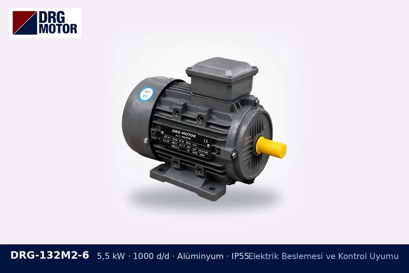 DRG-132M2-6 – Elektrik Beslemesi ve Kontrol Uyumu DRG-132M2-6 5,5 kW 1000 d/d alüminyum gövdeli DRG trifaze motor – sonradan hız kontrolü eklenecek motor