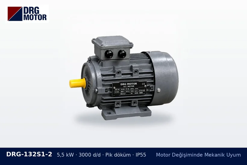 DRG-132S1-2 – Motor Değişiminde Mekanik Uyum DRG-132S1-2 5,5 kW 3000 d/d pik döküm gövdeli DRG trifaze motor – kama kanalı farklı kasnak uyarlama