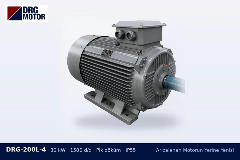 DRG-200L-4 – Arızalanan Motorun Yerine Yenisi DRG-200L-4 30 kW 1500 d/d pik döküm gövdeli DRG trifaze motor – kaplin kırılması