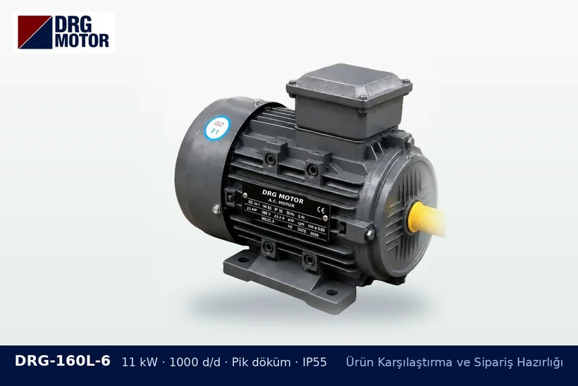 DRG-160L-6 11 kW 1000 d/d pik döküm gövdeli DRG trifaze motor – kasnak kaplin kaide motor siparişi