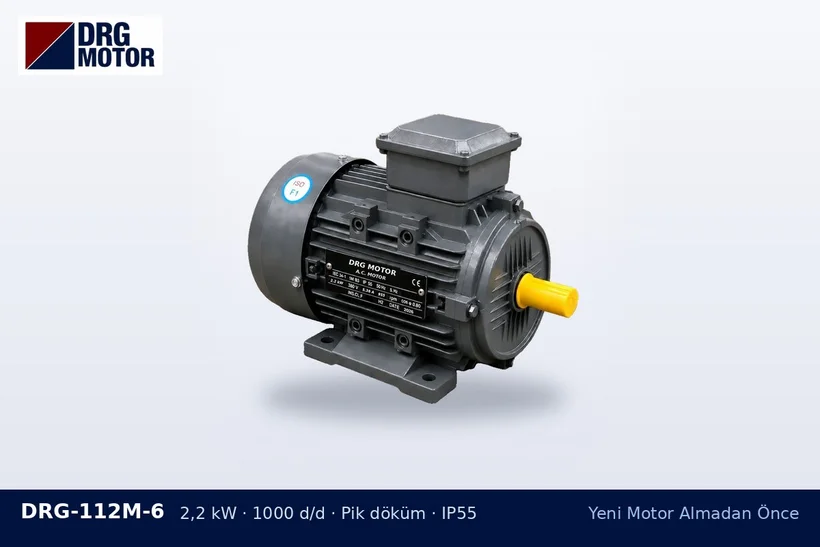 DRG-112M-6 – Yeni Motor Almadan Önce DRG-112M-6 2,2 kW 1000 d/d pik döküm gövdeli DRG trifaze motor – kasnak oranı ve motor devri