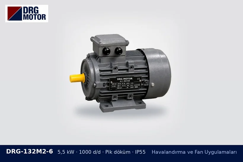 DRG-132M2-6 – Havalandırma ve Fan Uygulamaları DRG-132M2-6 5,5 kW 1000 d/d pik döküm gövdeli DRG trifaze motor – kayışlı fan kasnak değişimi