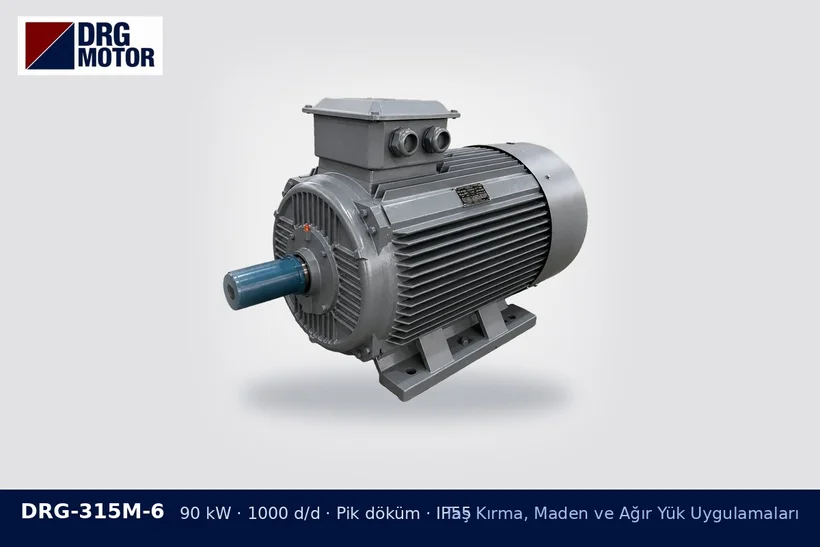 DRG-315M-6 – Taş Kırma, Maden ve Ağır Yük Uygulamaları DRG-315M-6 90 kW 1000 d/d pik döküm gövdeli DRG trifaze motor – kırıcı tıkanması motor gücü