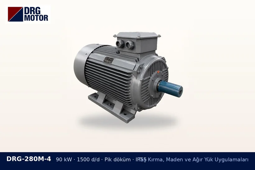 DRG-280M-4 – Taş Kırma, Maden ve Ağır Yük Uygulamaları DRG-280M-4 90 kW 1500 d/d pik döküm gövdeli DRG trifaze motor – kırıcı kayış kopması motor