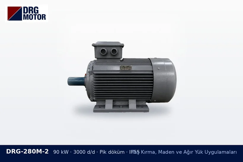 DRG-280M-2 – Taş Kırma, Maden ve Ağır Yük Uygulamaları DRG-280M-2 90 kW 3000 d/d pik döküm gövdeli DRG trifaze motor – kırma tesisi gece gündüz motor