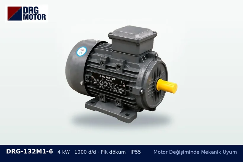 DRG-132M1-6 4 kW 1000 d/d pik döküm gövdeli DRG trifaze motor – kızaklı kaide kayış gerdirme payı