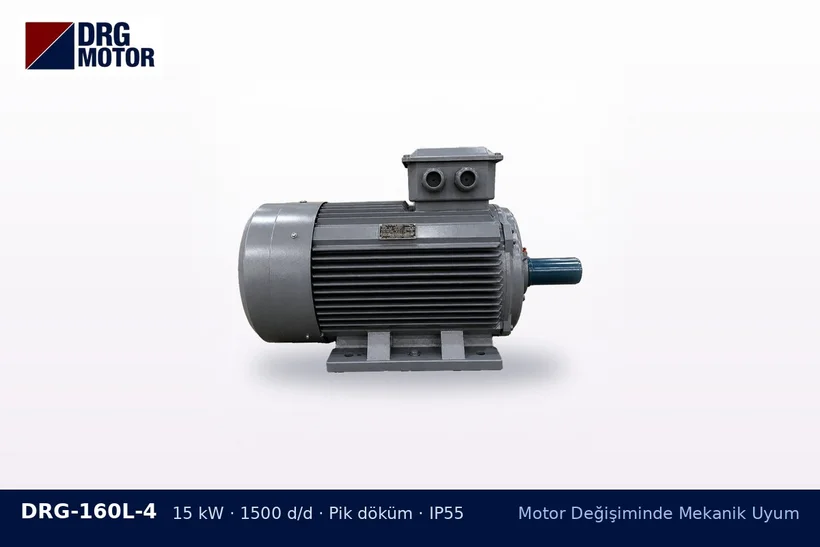 DRG-160L-4 15 kW 1500 d/d pik döküm gövdeli DRG trifaze motor – klemens kutusu kablo girişi yönü
