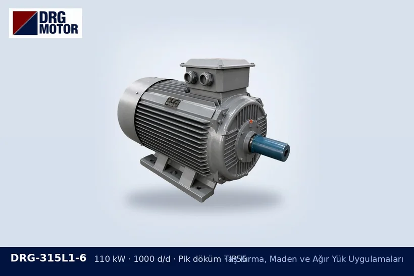 DRG-315L1-6 – Taş Kırma, Maden ve Ağır Yük Uygulamaları DRG-315L1-6 110 kW 1000 d/d pik döküm gövdeli DRG trifaze motor – konik kırıcı kasnak oranı