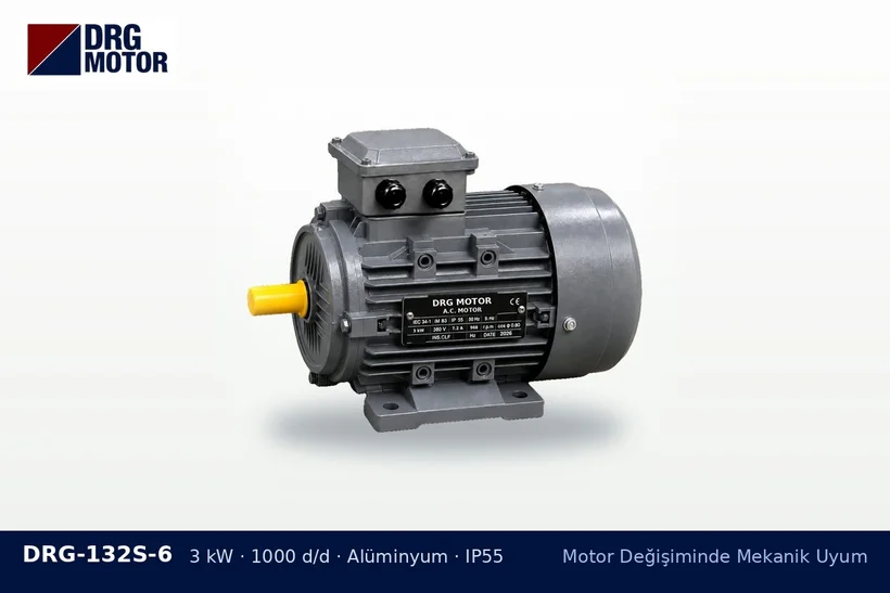 DRG-132S-6 – Motor Değişiminde Mekanik Uyum DRG-132S-6 3 kW 1000 d/d alüminyum gövdeli DRG trifaze motor – motor eksen yüksekliği değişimi
