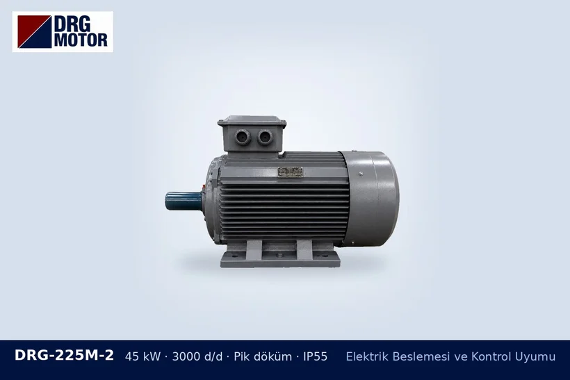 DRG-225M-2 – Elektrik Beslemesi ve Kontrol Uyumu DRG-225M-2 45 kW 3000 d/d pik döküm gövdeli DRG trifaze motor – makine acil durdurma düzeni