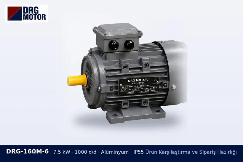 DRG-160M-6 7,5 kW 1000 d/d alüminyum gövdeli DRG trifaze motor – motor teklifinde teknik bilgiler