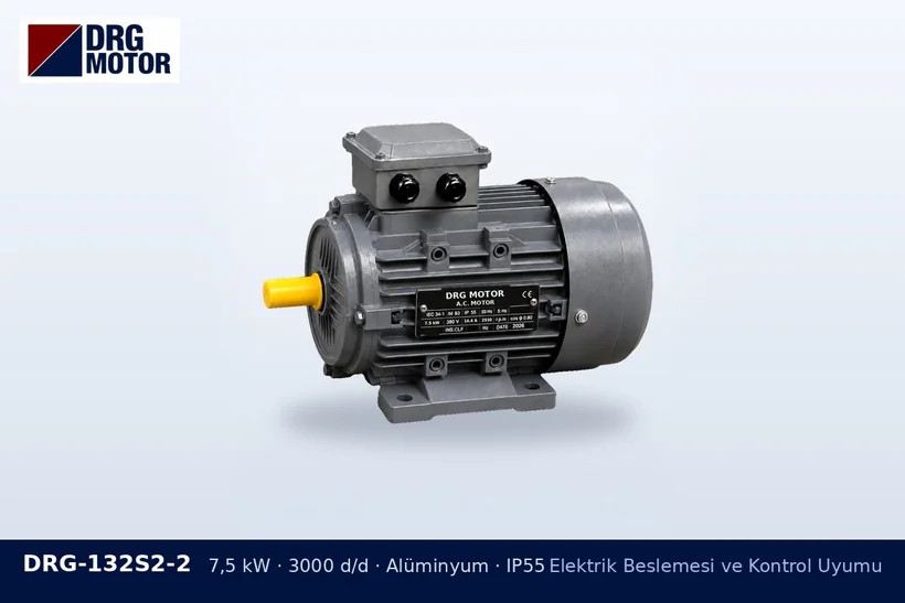 DRG-132S2-2 – Elektrik Beslemesi ve Kontrol Uyumu DRG-132S2-2 7,5 kW 3000 d/d alüminyum gövdeli DRG trifaze motor – motoru uzaktan çalıştırma
