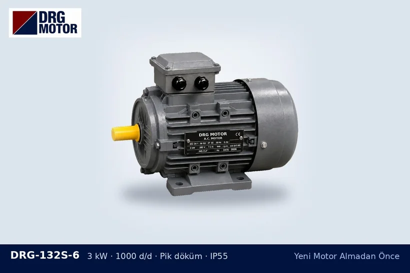 DRG-132S-6 – Yeni Motor Almadan Önce DRG-132S-6 3 kW 1000 d/d pik döküm gövdeli DRG trifaze motor – motoru sökmeden ölçü alma