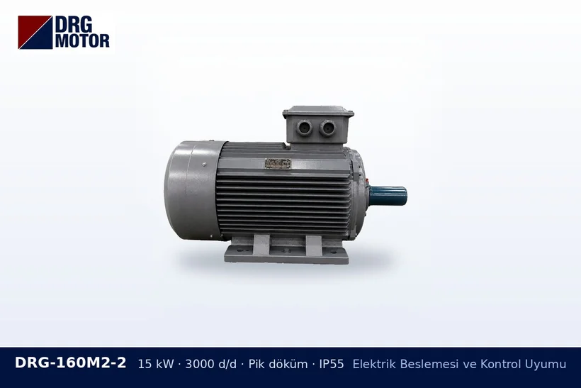 DRG-160M2-2 – Elektrik Beslemesi ve Kontrol Uyumu DRG-160M2-2 15 kW 3000 d/d pik döküm gövdeli DRG trifaze motor – panoya uzak motor seçimi