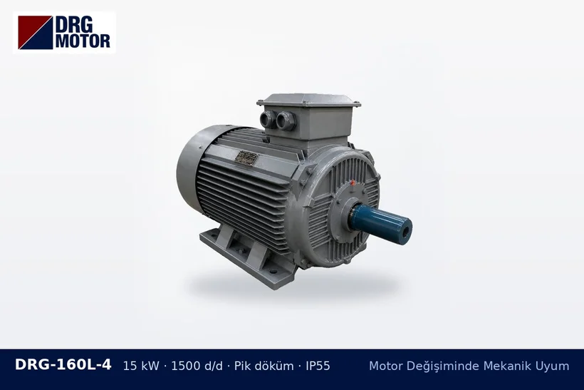 DRG-160L-4 – Motor Değişiminde Mekanik Uyum DRG-160L-4 15 kW 1500 d/d pik döküm gövdeli DRG trifaze motor – motor boyu makineye sığar mı
