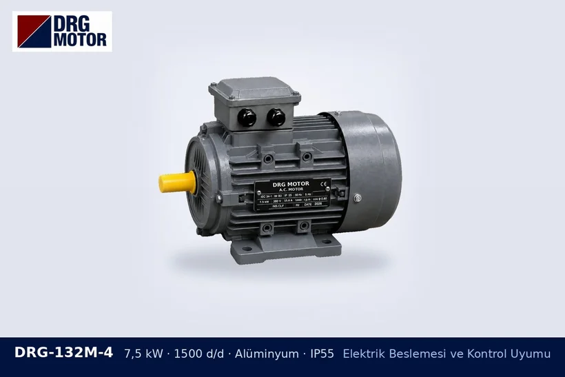 DRG-132M-4 7,5 kW 1500 d/d alüminyum gövdeli DRG trifaze motor – motor değişiminde kontaktör
