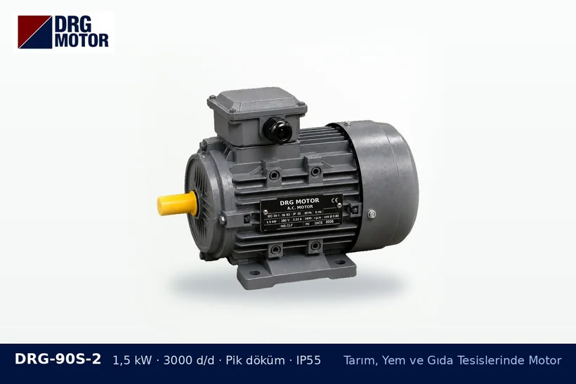 DRG-90S-2 – Tarım, Yem ve Gıda Tesislerinde Motor DRG-90S-2 1,5 kW 3000 d/d pik döküm gövdeli DRG trifaze motor – patates yıkama makinesi motoru