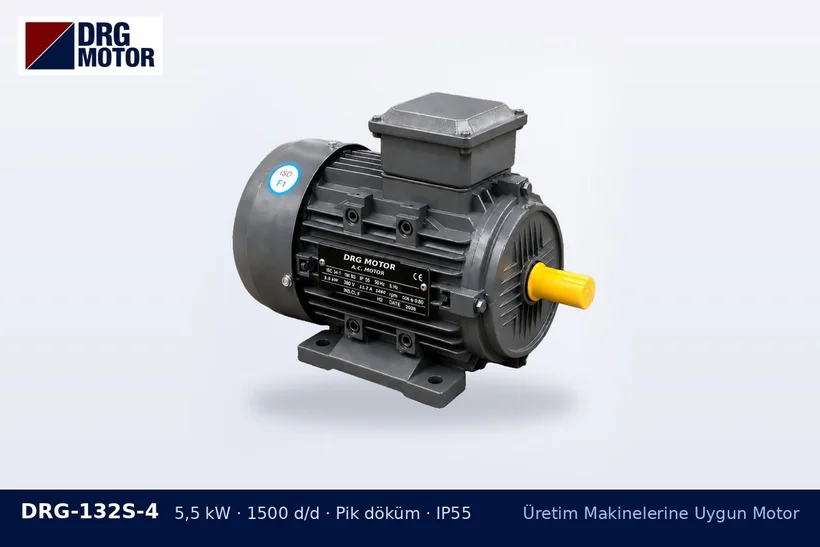 DRG-132S-4 – Üretim Makinelerine Uygun Motor DRG-132S-4 5,5 kW 1500 d/d pik döküm gövdeli DRG trifaze motor – pistonlu kompresör basınç artırma motor