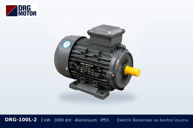 DRG-100L-2 – Elektrik Beslemesi ve Kontrol Uyumu DRG-100L-2 3 kW 3000 d/d alüminyum gövdeli DRG trifaze motor – 230/400 V ve 400/690 V motor farkı